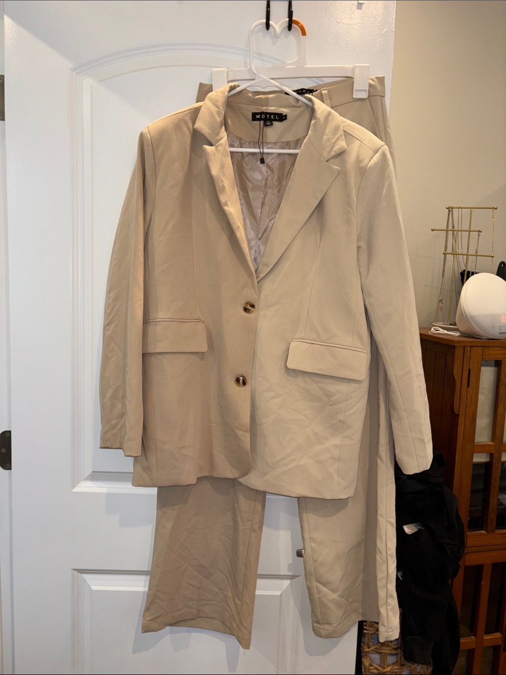 Motel Beige Single-Breasted Blazer and Trouser Set (Both size Small)